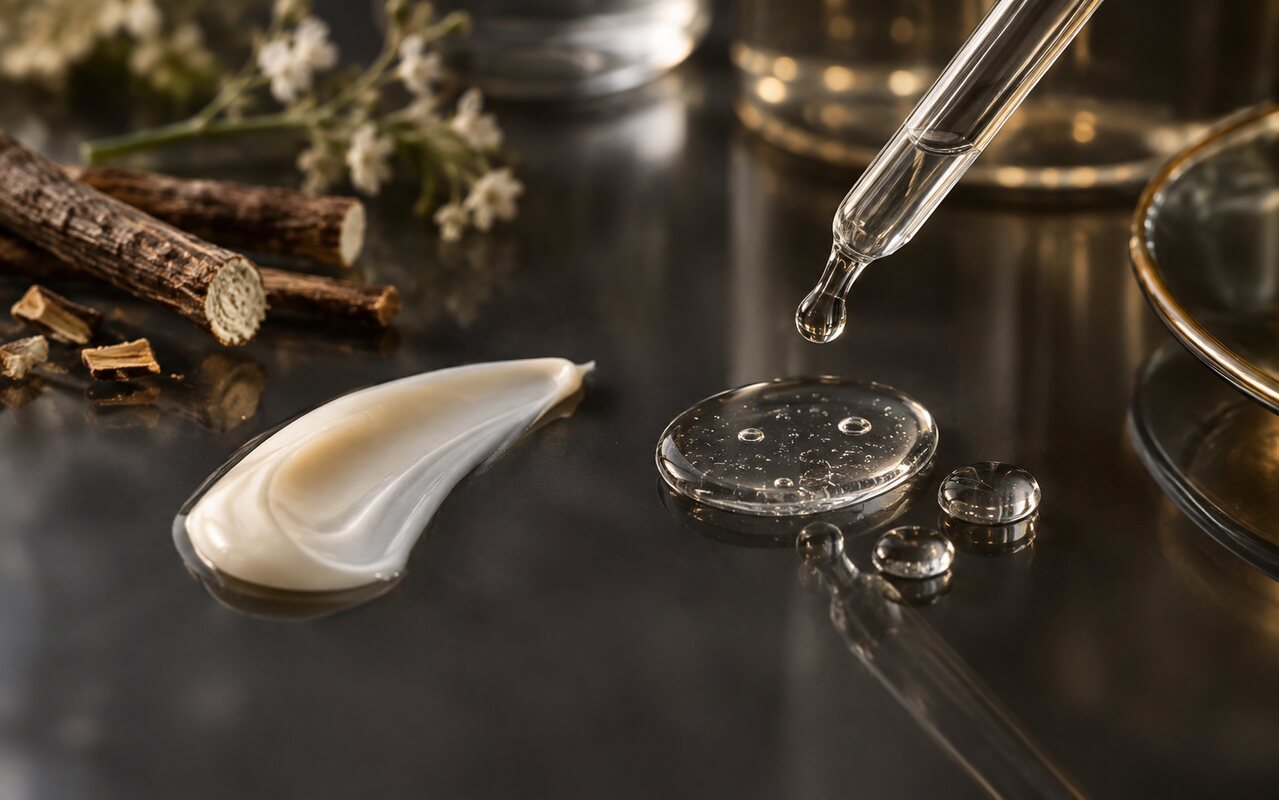 Texturi de cremă și ser, ilustrând formularea cosmetică