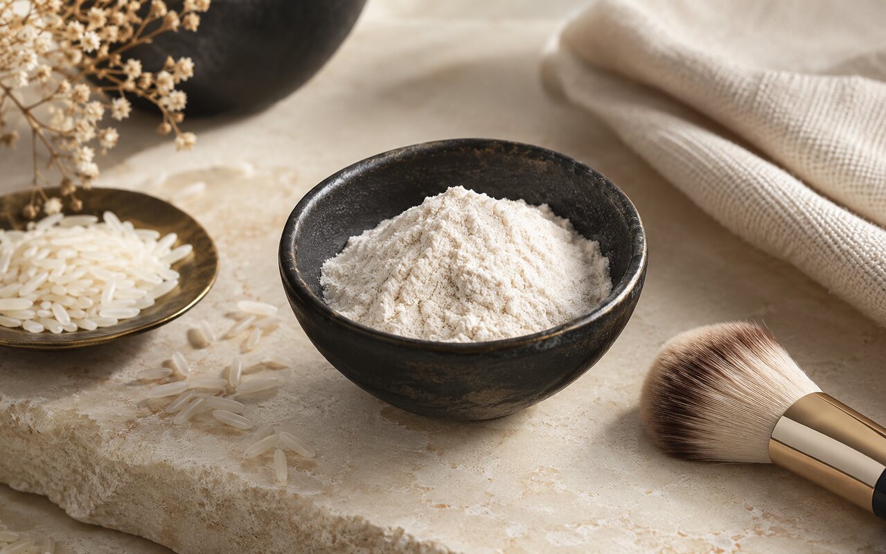 Pudră fină de orez și pensulă cosmetică pe o suprafață crem